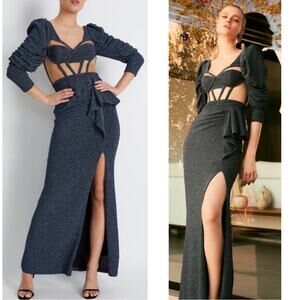 PatBO Lurex Bustier Sheer Mesh Long Sleeve Metallic Blue Maxi Dress Size 10